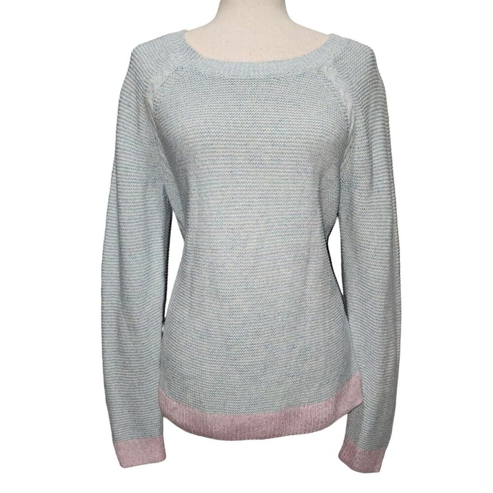 Talbots Womens Cotton And Linen Light Blue Sweater With Pink Trim ‎ Size M